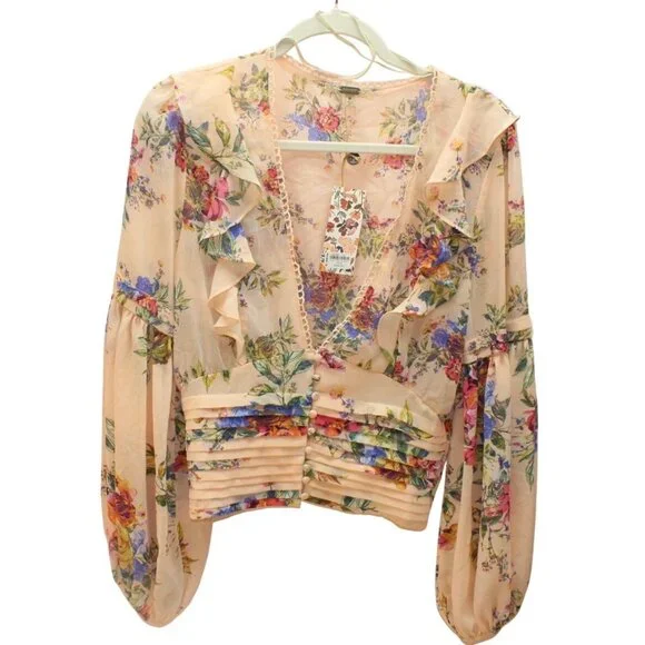 BKE NWT Womens Medium Top Floral Sheer Peach Balloon Sleeve Ruffles Cottage Core - Picture 1 of 10